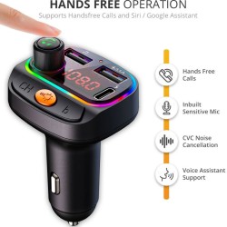 CRUST CS30 Car Bluetooth Device with Call Receiver, FM Transmitter for Music System & Dual USB + Type C Fast Charger; 7 Colour LED Lights; 6 Equalizer Presets; USB MP3 Audio Playback; Voice Assistant