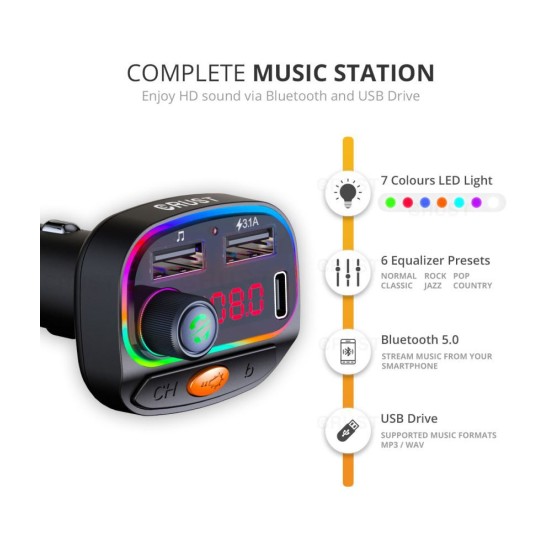 CRUST CS30 Car Bluetooth Device with Call Receiver, FM Transmitter for Music System & Dual USB + Type C Fast Charger; 7 Colour LED Lights; 6 Equalizer Presets; USB MP3 Audio Playback; Voice Assistant