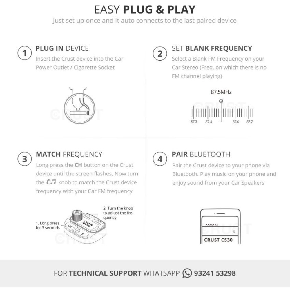 CRUST CS30 Car Bluetooth Device with Call Receiver, FM Transmitter for ...