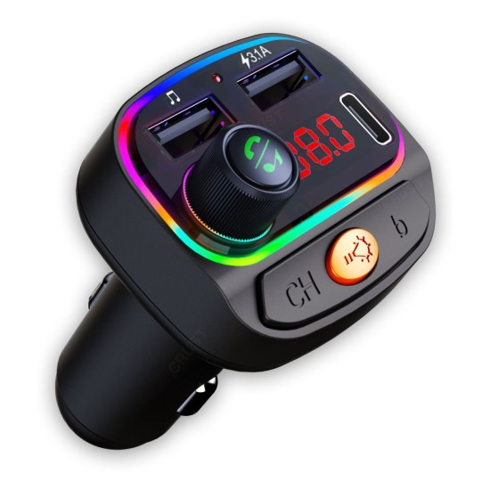 CRUST CS30 Car Bluetooth Device with Call Receiver, FM Transmitter for Music System & Dual USB + Type C Fast Charger; 7 Colour LED Lights; 6 Equalizer Presets; USB MP3 Audio Playback; Voice Assistant