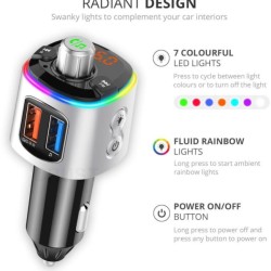 CRUST Car Bluetooth Device for Music System, FM Transmitter with QC 3.0 Dual USB Fast Charger & Call Receiver; 7 Colour LED Lights; Supports MicroSD, USB MP3 Audio Playback