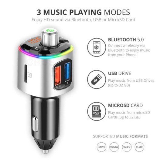 CRUST Car Bluetooth Device for Music System, FM Transmitter with QC 3.0 Dual USB Fast Charger & Call Receiver; 7 Colour LED Lights; Supports MicroSD, USB MP3 Audio Playback