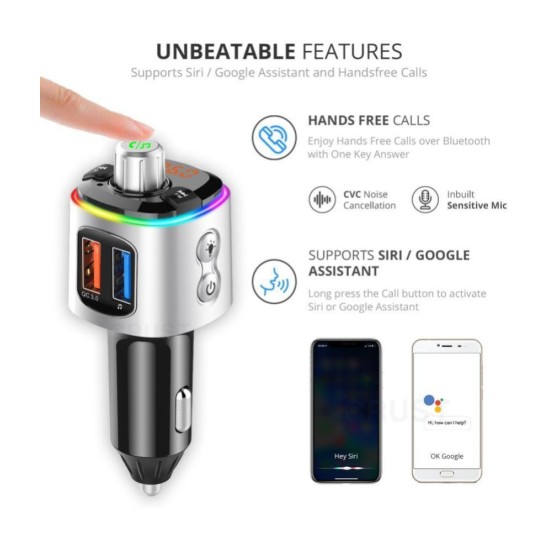 CRUST Car Bluetooth Device for Music System, FM Transmitter with QC 3.0 Dual USB Fast Charger & Call Receiver; 7 Colour LED Lights; Supports MicroSD, USB MP3 Audio Playback