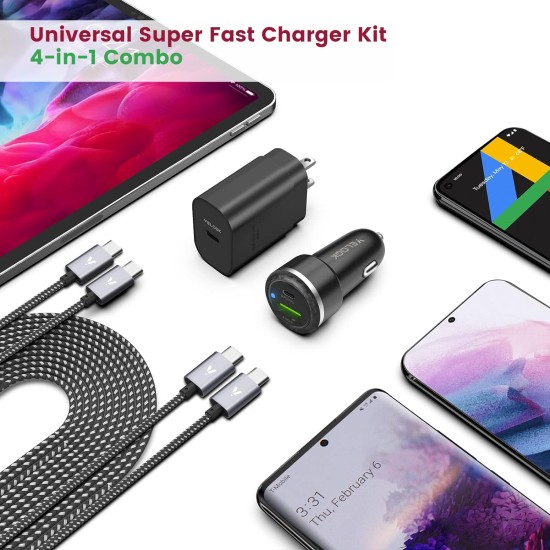 Super Fast Charger Type C Kit, VELOGK 25W PD PPS USB C Wall/Car Charger for Samsung Galaxy S24/S23 Ultra/S23+/S23/S22/S21/S20/Plus/Ultra/FE/Note 20/A71, iPad Pro, with 2X Nylon USB C-to-C Cable(3.3ft)