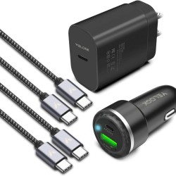 Super Fast Charger Type C Kit, VELOGK 25W PD PPS USB C Wall/Car Charger for Samsung Galaxy S24/S23 Ultra/S23+/S23/S22/S21/S20/Plus/Ultra/FE/Note 20/A71, iPad Pro, with 2X Nylon USB C-to-C Cable(3.3ft)