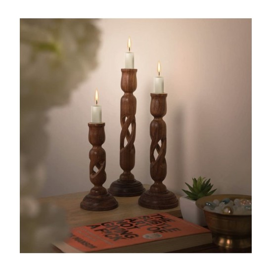 Anaya Afroz Brown Table Top Wood Tea Light Holder - Pack of 3