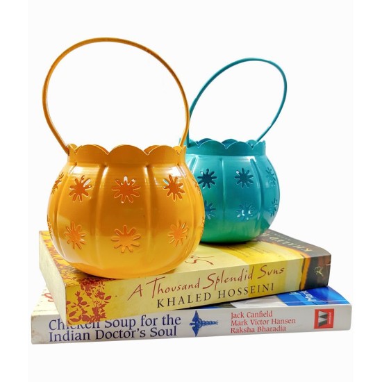 HOMETALES Multicolour Table Top Iron Tea Light Holder - Pack of 2