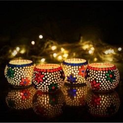 eCraftIndia Blue Table Top Glass Tea Light Holder - Pack of 4