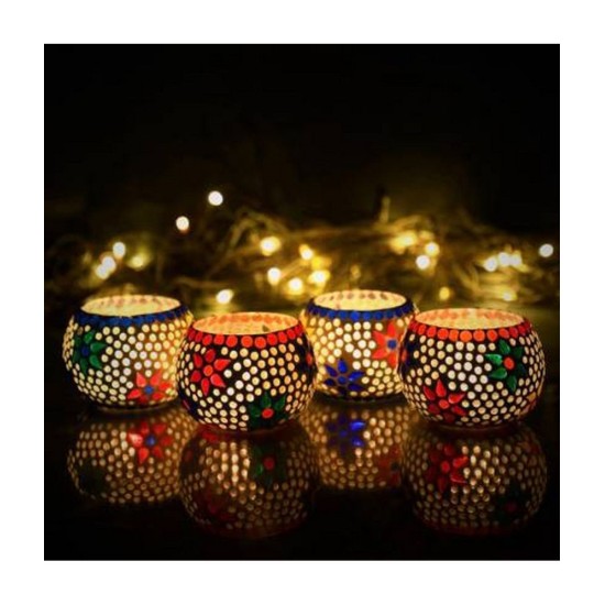 eCraftIndia Blue Table Top Glass Tea Light Holder - Pack of 4