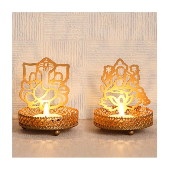 eCraftIndia Gold Table Top Aluminium Tea Light Holder - Pack of 2