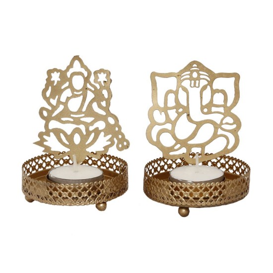 eCraftIndia Gold Table Top Aluminium Tea Light Holder - Pack of 2