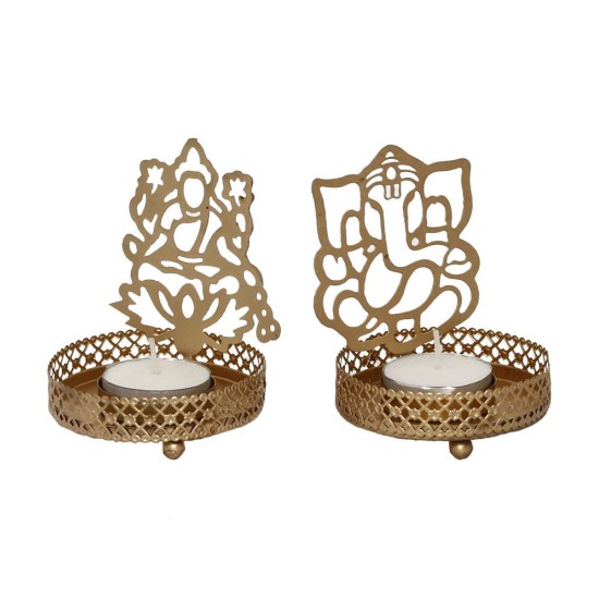 eCraftIndia Gold Table Top Aluminium Tea Light Holder - Pack of 2