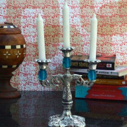 eCraftIndia Silver And Blue Metal Candle Stand With Crystal