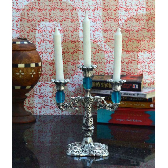 eCraftIndia Silver And Blue Metal Candle Stand With Crystal