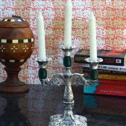 eCraftIndia Silver And Green Metal Candle Stand With Crystal