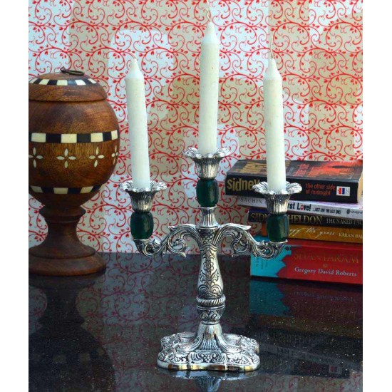 eCraftIndia Silver And Green Metal Candle Stand With Crystal