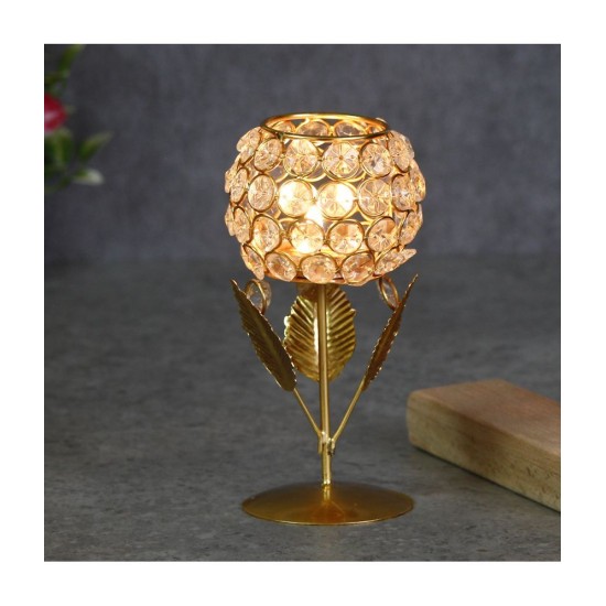 eCraftIndia White & Gold-Toned Leaf Shape Crystal Tea Light Holder