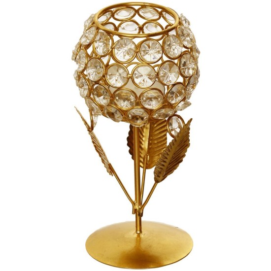 eCraftIndia White & Gold-Toned Leaf Shape Crystal Tea Light Holder