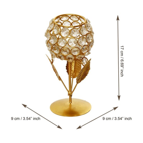 eCraftIndia White & Gold-Toned Leaf Shape Crystal Tea Light Holder