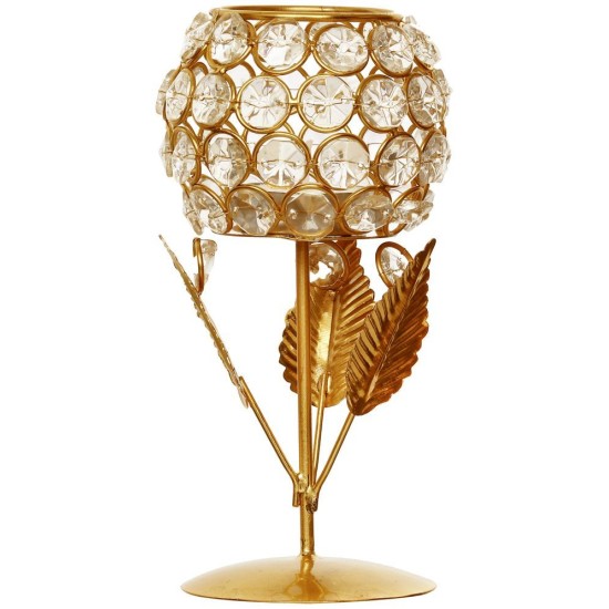 eCraftIndia White & Gold-Toned Leaf Shape Crystal Tea Light Holder