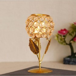 eCraftIndia White & Gold-Toned Leaf Shape Crystal Tea Light Holder