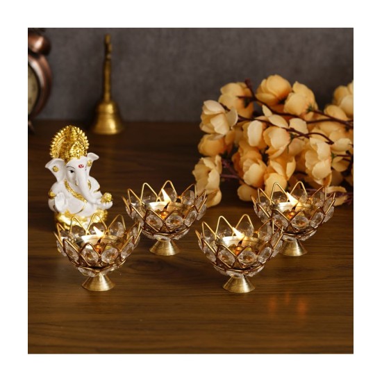 eCraftIndia White Table Top Crystal Tea Light Holder - Pack of 4