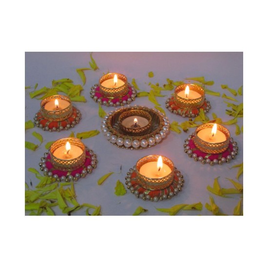 thriftkart Multicolour Floor Brass Tea Light Holder - Pack of 7