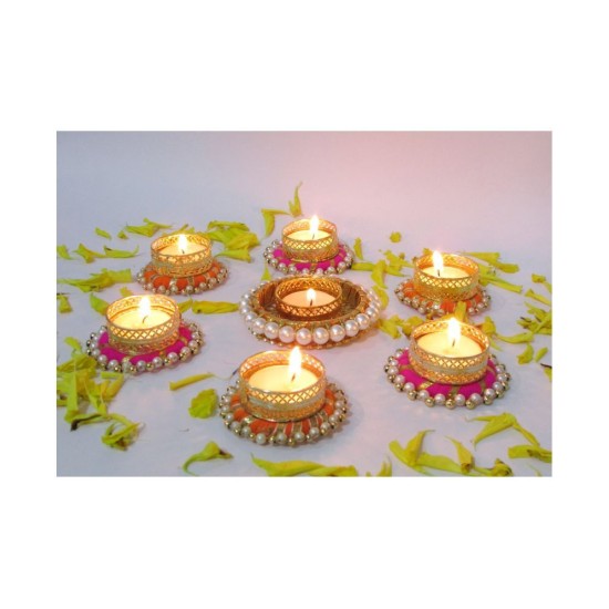 thriftkart Multicolour Floor Brass Tea Light Holder - Pack of 7