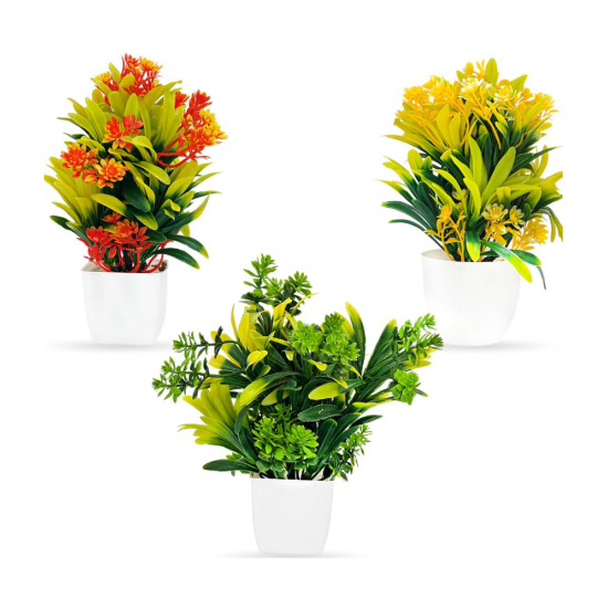 HOMETALES - Multicolor Evergreen Artificial Flowers With Pot ( Pack of 3 )