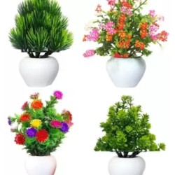 Multicolor Daisy Artificial Flower With Pot (Pack of 4)