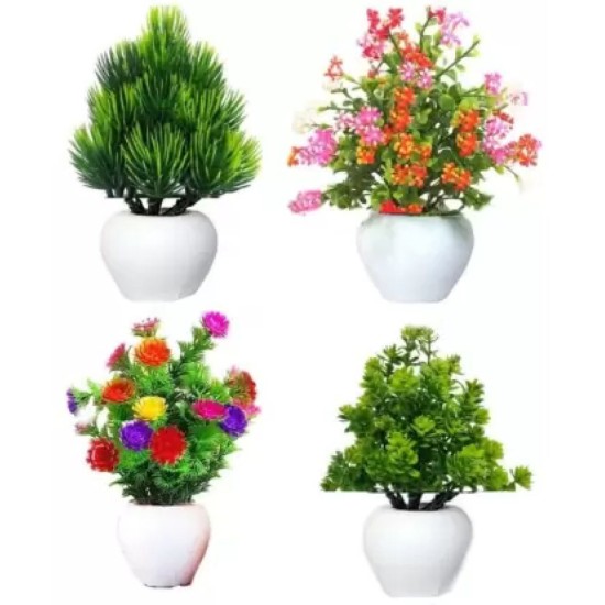 Multicolor Daisy Artificial Flower With Pot (Pack of 4)