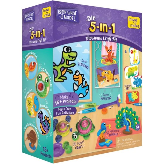 Imagimake 3-in-1 Awesome Craft Kit - Kids Arts and Crafts - Arts and Crafts for Kids Ages 6-8 - Air Dry Clay, Paper Quilling Kit, Stamp for Kids - Gifts for 5, 6, 7, 8 Year Old Girls