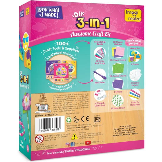 Imagimake 3-in-1 Awesome Craft Kit - Kids Arts and Crafts - Arts and Crafts for Kids Ages 6-8 - Air Dry Clay, Paper Quilling Kit, Stamp for Kids - Gifts for 5, 6, 7, 8 Year Old Girls