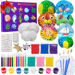 Sea Shell Painting Kit - Arts & Crafts Painting Gift for Kids Toddler Boy Girl Ages 4 5 6 7 8 9 10 11 12 Year Old, 12 Shells 8 Paint 6 Clay DIY Creative Toys