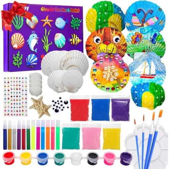 Sea Shell Painting Kit - Arts & Crafts Painting Gift for Kids Toddler Boy Girl Ages 4 5 6 7 8 9 10 11 12 Year Old, 12 Shells 8 Paint 6 Clay DIY Creative Toys