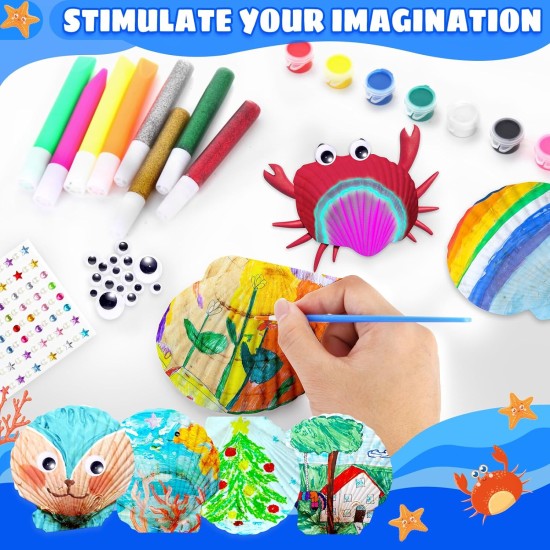 Sea Shell Painting Kit - Arts & Crafts Painting Gift for Kids Toddler Boy Girl Ages 4 5 6 7 8 9 10 11 12 Year Old, 12 Shells 8 Paint 6 Clay DIY Creative Toys