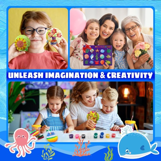 Sea Shell Painting Kit - Arts & Crafts Painting Gift for Kids Toddler Boy Girl Ages 4 5 6 7 8 9 10 11 12 Year Old, 12 Shells 8 Paint 6 Clay DIY Creative Toys