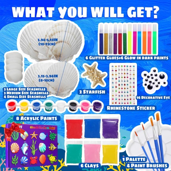 Sea Shell Painting Kit - Arts & Crafts Painting Gift for Kids Toddler Boy Girl Ages 4 5 6 7 8 9 10 11 12 Year Old, 12 Shells 8 Paint 6 Clay DIY Creative Toys